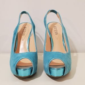 Guess Shiny Teal Stilettos Size 7.5